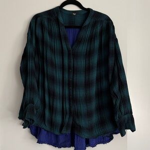 Free People Green and Black Flannel Plaid Button-Down Shirt